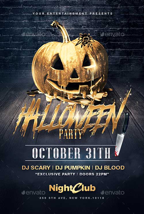 Halloween Party Gold Pumpkin Flyer Template