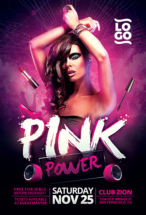 Pink Power Party Flyer Template for Lady Night Out Party and Bar Events