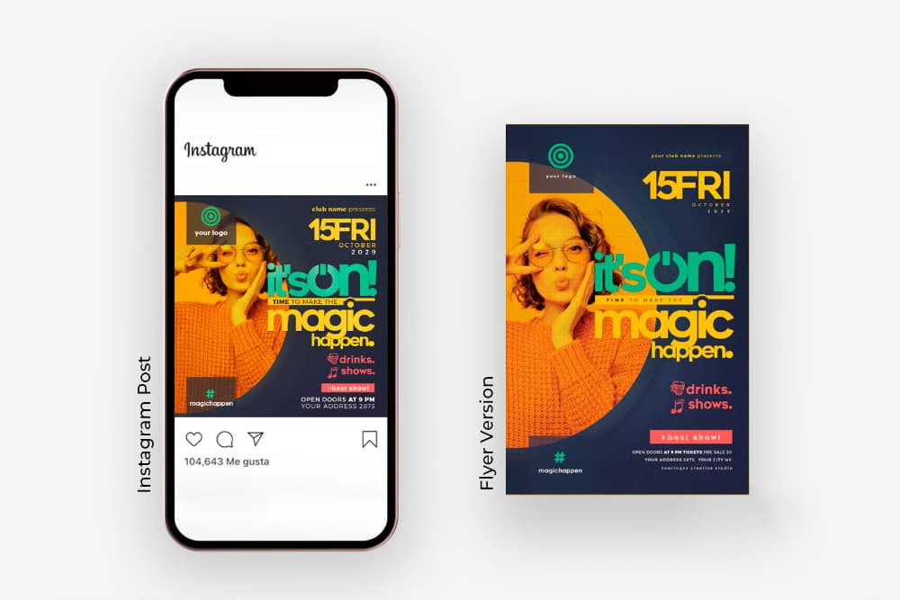 It’s On Instagram Post and Flyer PSD Template with bold orange, green, and blue colors – ideal for party promotions and event marketing.